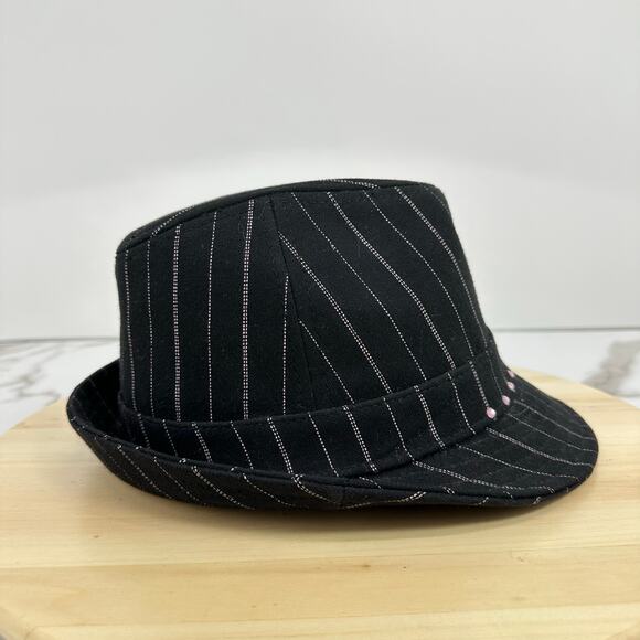 Vintage Y2K Playboy Bunny Fedora Hat Pinstripes Rhinestone S/M Black Pink - Picture 3 of 6